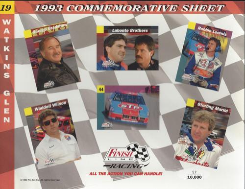 1993 Finish Line - Commemorative Sheets #19 George Bradshaw / Labonte Brothers / Robbie Loomis / Waddell Wilson / Rick Wilson's Car / Sterling Marlin Front