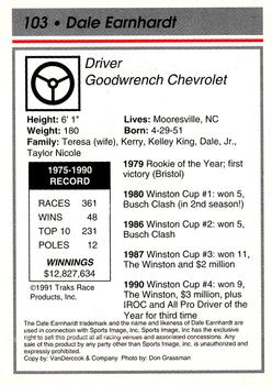 1991 Traks - Glossy #103 Dale Earnhardt Back