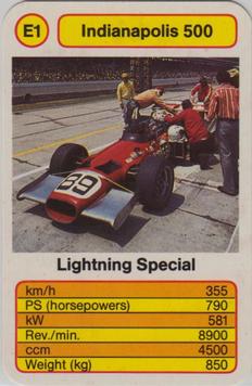 1987 Ace Trump Game Indianapolis 500 #E1 Lightning Special Front