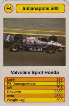 1987 Ace Trump Game Indianapolis 500 #F4 Valvoline Spirit Honda Front