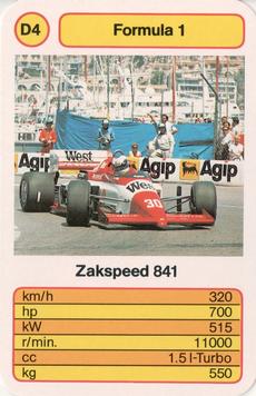 1986 Ace Trump Game Formula 1 #D4 Zakspeed 841 Front
