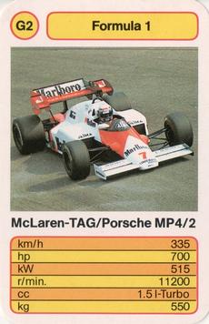 1986 Ace Trump Game Formula 1 #G2 McLaren-TAG/Porsche MP4/2 Front