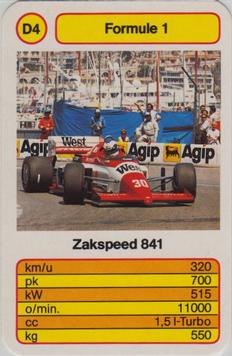 1986 Ace Trump Game Formula 1 - Formule 1 (German) #D4 Zakspeed 841 Front
