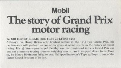 1971 Mobil The Story of Grand Prix Motor Racing #14 Sir Henry Birkin Bentley 4 1/2 Litre 1930 Back