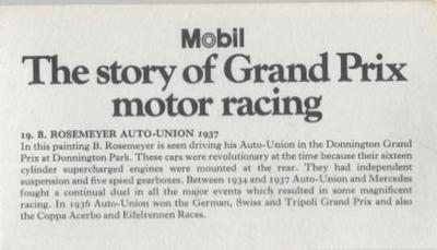 1971 Mobil The Story of Grand Prix Motor Racing #19 B. Rosemeyer Auto-Union 1937 Back