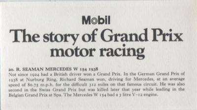 1971 Mobil The Story of Grand Prix Motor Racing #20 R. Seaman Mercedes W 154 1938 Back