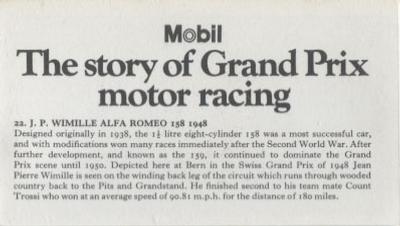 1971 Mobil The Story of Grand Prix Motor Racing #22 J.P. Wimille Alfa Romeo 158 1948 Back