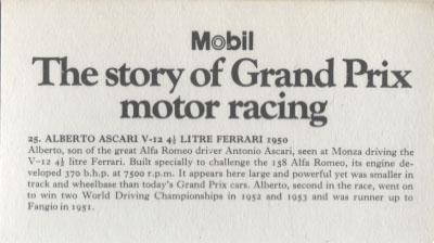 1971 Mobil The Story of Grand Prix Motor Racing #25 Alberto Ascari V-12 4 1/2 Litre Ferrari 1950 Back