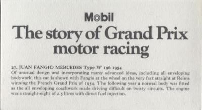 1971 Mobil The Story of Grand Prix Motor Racing #27 Juan Fangio Mercedes Type W 156 1954 Back