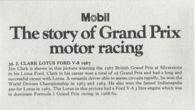 1971 Mobil The Story of Grand Prix Motor Racing #35 J. Clark Lotus Ford V-8 1967 Back