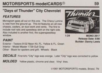 1991 Motorsports Modelcards #59 Days of Thunder City Chevrolet Back