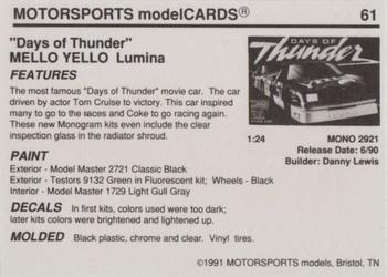 1991 Motorsports Modelcards #61 Days of Thunder Mello Yellow Lumina Back