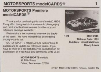 1991 Motorsports Modelcards - Premiere #1 Cover Back