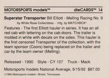 1992 Motorsports Diecards #14 Bill Elliott Back