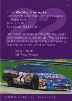 1995 Hi-Tech 1994 Brickyard 400 - Preview Proof #51 Bobby Labonte Back