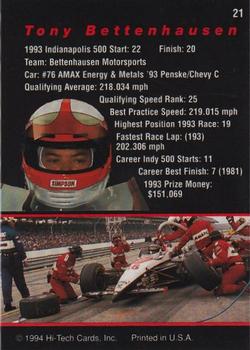 1994 Hi-Tech Indianapolis 500 #21 Tony Bettenhausen Back