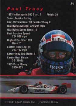 1994 Hi-Tech Indianapolis 500 #31 Paul Tracy Back