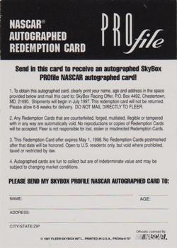 1997 SkyBox NASCAR Profile - Autograph Redemption #NNO Ted Musgrave Back
