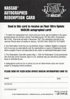 1997 Ultra Update - NASCAR Autographed Redemptions #NNO Hut Stricklin Back