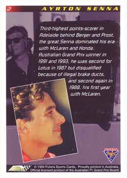 1994 Futera Adelaide F1 Grand Prix #2 Ayrton Senna Back