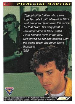 1994 Futera Adelaide F1 Grand Prix #15 Pierluigi Martini Back