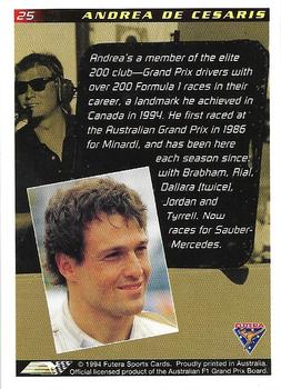 1994 Futera Adelaide F1 Grand Prix #25 Andrea De Cesaris Back