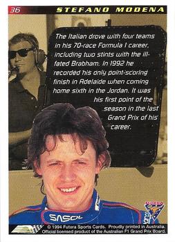 1994 Futera Adelaide F1 Grand Prix #36 Stefano Modena Back