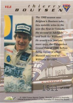 1994 Futera Adelaide F1 Grand Prix - Victory Lane #VL5 Thierry Boutsen Back