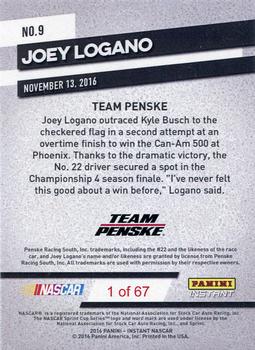 2016 Panini Instant NASCAR #9 Joey Logano Back