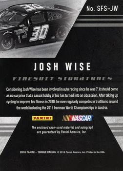 2016 Panini Torque - Silhouettes Firesuit Signatures Red #SFS-JW Josh Wise Back