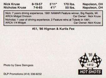 1991 Hot Shots ARCA #1412 Nick Kruse / Nicholas Kruse Back