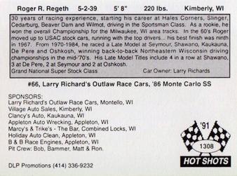 1991 Hot Shots #1308 Roger R. Regeth Back
