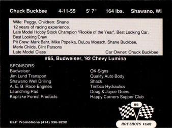 1992 Hot Shots #1502 Chuck Buckbee Back