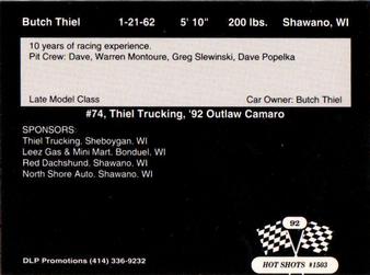 1992 Hot Shots #1503 Butch Thiel Back