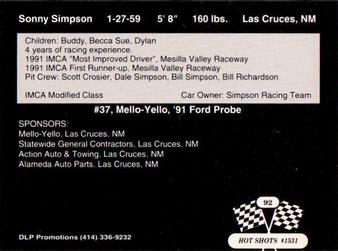 1992 Hot Shots #1531 Sonny Simpson Back