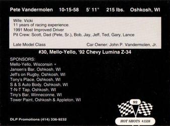 1992 Hot Shots #1538 Pete Vandermolen Back