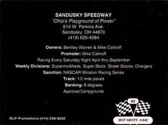 1992 Hot Shots #1642 Sandusky Speedway Back