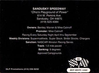 1992 Hot Shots #1643 Sandusky Speedway Back