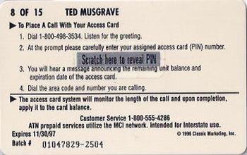 1996 Assets - $5 Phone Cards #8 Ted Musgrave Back