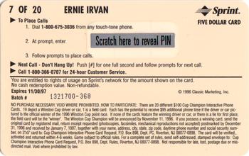 1996 Assets - $100 Cup Champion Interactive Phone Cards #7 Ernie Irvan Back