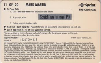 1996 Assets - $100 Cup Champion Interactive Phone Cards #11 Mark Martin Back