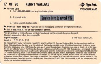 1996 Assets - $100 Cup Champion Interactive Phone Cards #17 Kenny Wallace Back