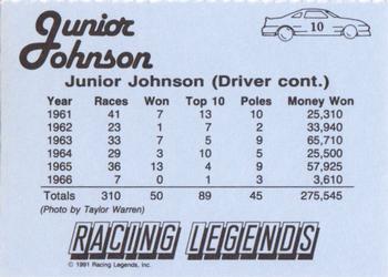 1991 Racing Legends Junior Johnson #10 Junior Johnson Back