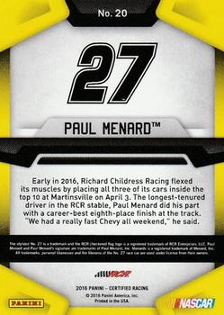 2016 Panini Certified - Mirror Silver #20 Paul Menard Back