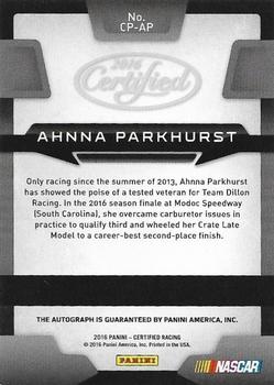 2016 Panini Certified - Certified Potential Signatures #CP-AP Ahnna Parkhurst Back