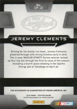 2016 Panini Certified - Certified Potential Signatures #CP-JC Jeremy Clements Back
