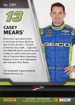 2016 Panini Certified - Certified Signatures Mirror Black #CM1 Casey Mears Back