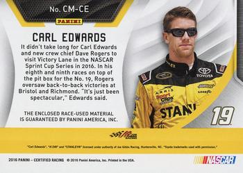 2016 Panini Certified - Complete Materials Mirror Black #CM-CE Carl Edwards Back