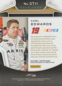 2016 Panini Certified - Gold Team Mirror Silver #GT11 Carl Edwards Back