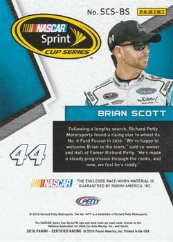2016 Panini Certified - Sprint Cup Swatches #SCS-BS Brian Scott Back
